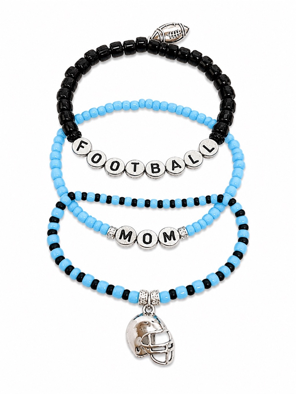 Football Mom Bracelet Set – Blue & Black Beaded Stack with Helmet Charm 8”